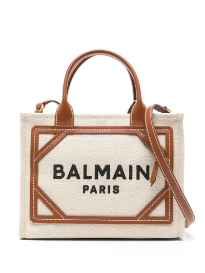 Shop Balmain B-army Small Canvas And Leather Trims Tote Bag In Beige