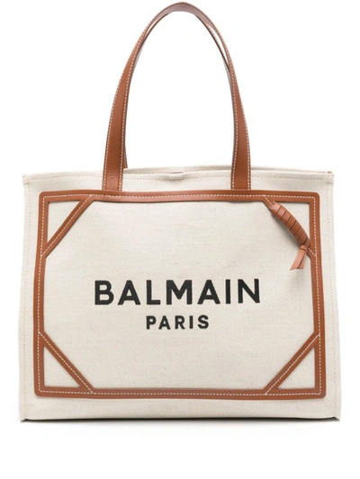 Shop Balmain B-army Medium Canvas And Leather Trims Tote Bag In Beige