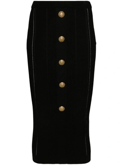 Shop Balmain Buttoned Knitted Midi Pencil Skirt In Black