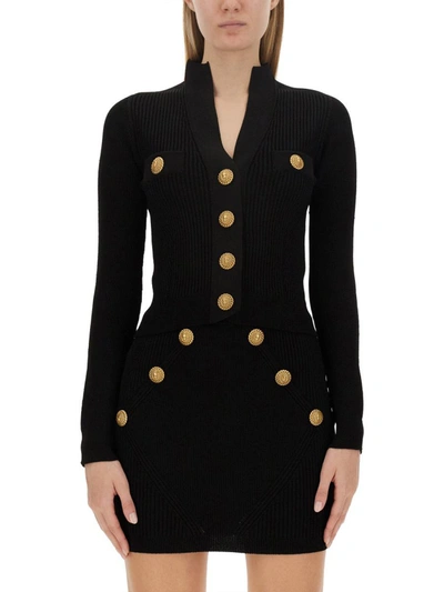 Shop Balmain Cardigan With Logoed Buttons In Black