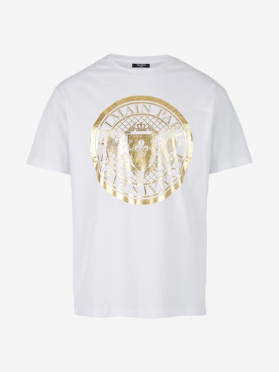 Shop Balmain Contrast Logo T-shirt In White And Gold
