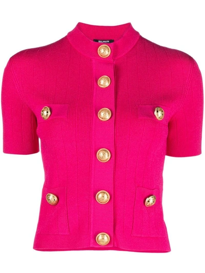 Shop Balmain Embossed Buttons Knitted Cardigan In Fuchsia