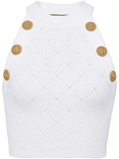 Shop Balmain Knitted Cropped Top In White