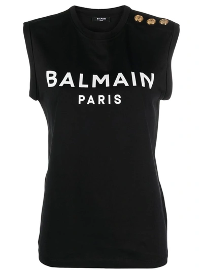 Shop Balmain Logo Organic Cotton Sleeveless Top In Black