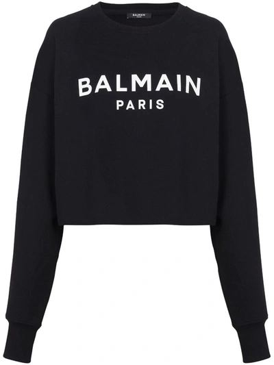 Shop Balmain Logo Organic Cotton Cropped Sweatshirt In Black