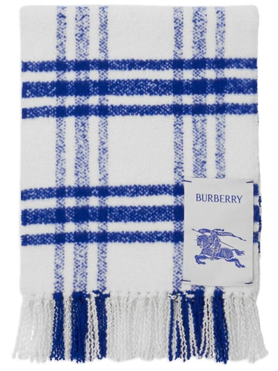 Shop Burberry Check Motif Wool Scarf In Blue
