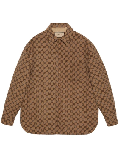 Shop Gucci Gg Supreme Flannel Shirt Jacket In Camel