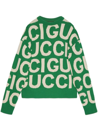 Shop Gucci Logo Wool Crewneck Sweater In Green