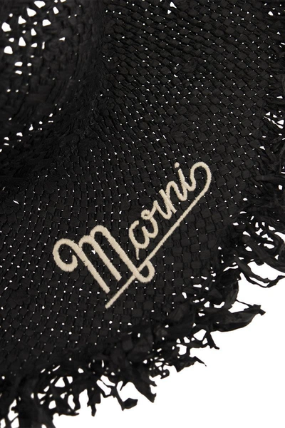 Shop Marni Raffia Hat With Logo In Black