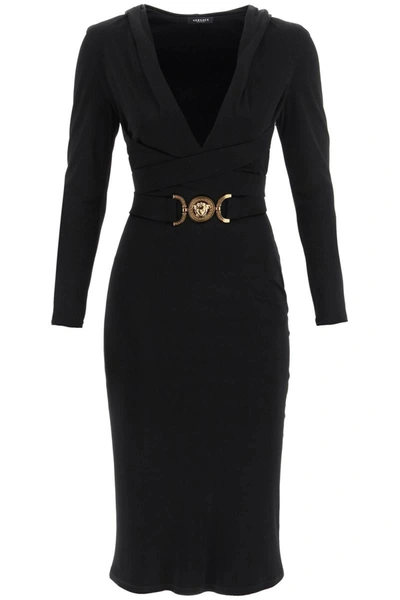Shop Versace 'medusa Biggie' Hooded Jersey Dress In Black