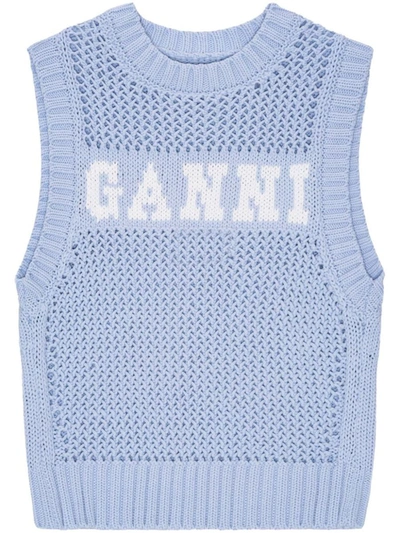 Shop Ganni Logo Crochet Vest In Clear Blue