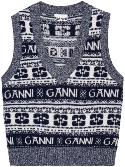Shop Ganni Logo Wool Vest In Grey
