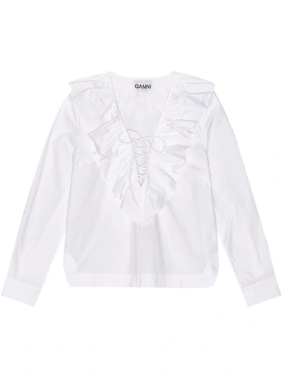 Shop Ganni Organic Cotton V-necked Blouse In White