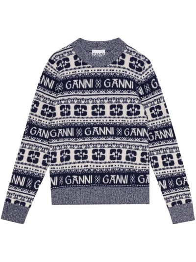 Shop Ganni Wool Crewneck Jumper In Grey