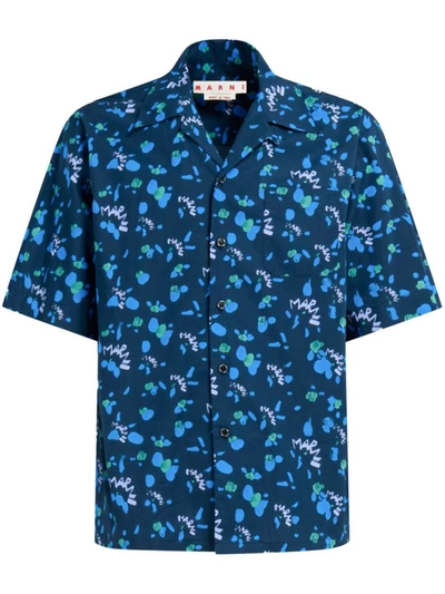 Shop Marni Printed Cotton Shirt In Blue