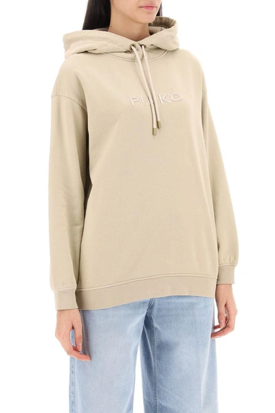 Shop Pinko Skype Hoodie With Logo Embroidery In Beige