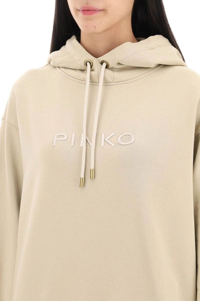 Shop Pinko Skype Hoodie With Logo Embroidery In Beige