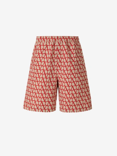 Shop Valentino Silk Printed Bermuda Shorts In Beige And Red