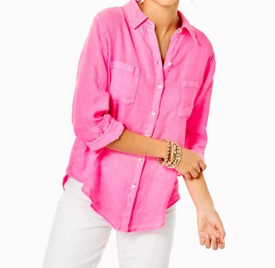 Shop Lilly Pulitzer Sea View Linen Button Down Top In Aura Pink In Multi