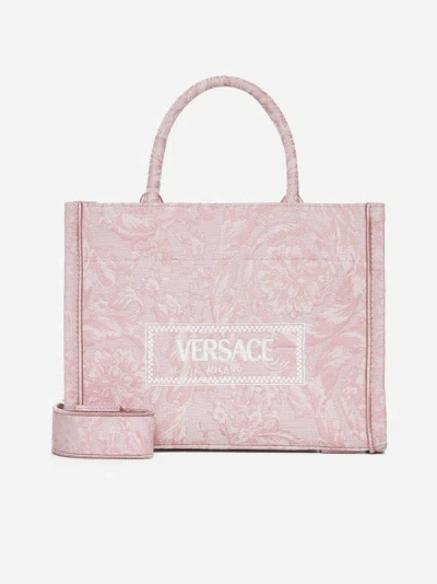 Shop Versace Barocco Canvas Small Tote Bag In Pink