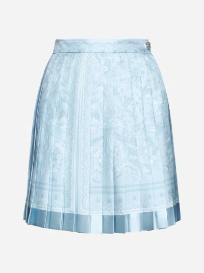 Shop Versace Barocco Print Silk Miniskirt In Pale Blue