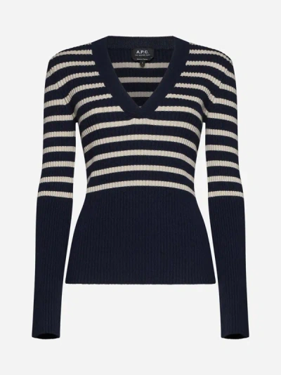 Shop Apc Lou Striped Cashmere And Cotton Sweater In Dark Navy,ecru