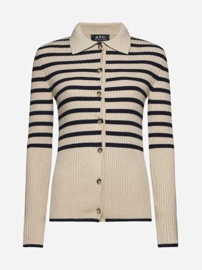 Shop Apc Mallory Striped Cotton Cardigan In Ecru,dark Navy
