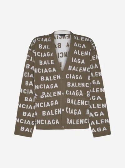 Shop Balenciaga Logo Wool Cardigan In Dark Beige,white