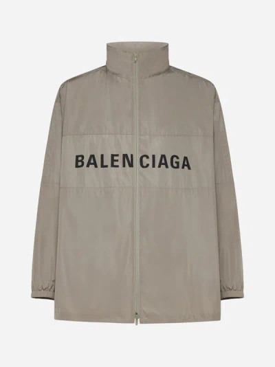 Shop Balenciaga Logo Nylon Zip-up Jacket In Beige