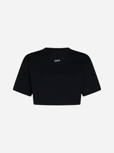 Shop Off-white Logo Rib-knit Cotton Cropped T-shirt In Black,white