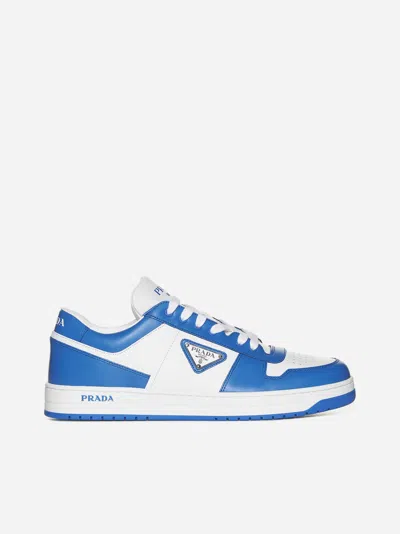 Shop Prada Downtown Leather Sneakers In White,cobalt Blue