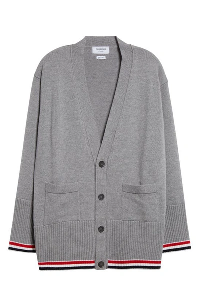 Shop Thom Browne Virgin Wool V-neck Cardigan In Light Grey