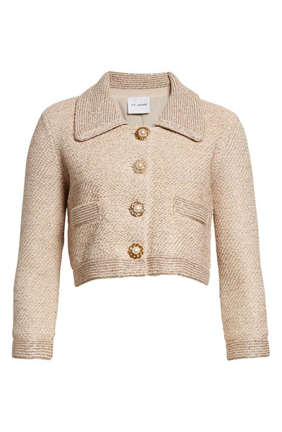 St John Paillette Twill Bracelet-sleeve Crop Jacket In Light Beige Multi