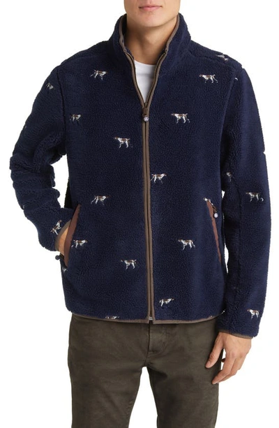 Shop Brooks Brothers Embroidered Dog Fleece Zip Jacket In Navy Multi