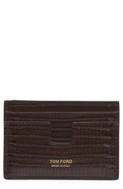 Shop Tom Ford T-line Croc Embossed Leather Card Holder In Chocolate Brown