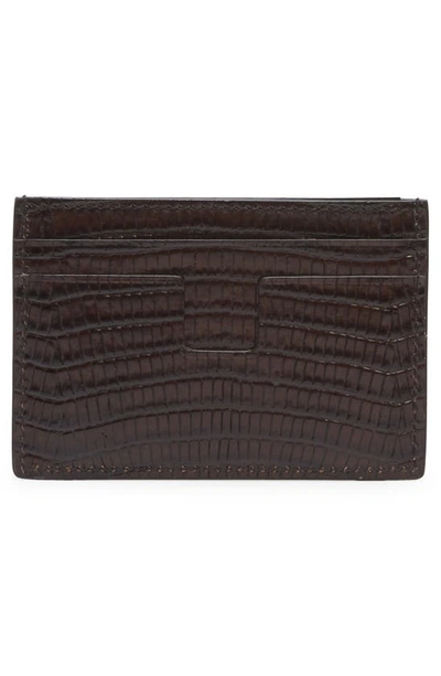 Shop Tom Ford T-line Croc Embossed Leather Card Holder In Chocolate Brown