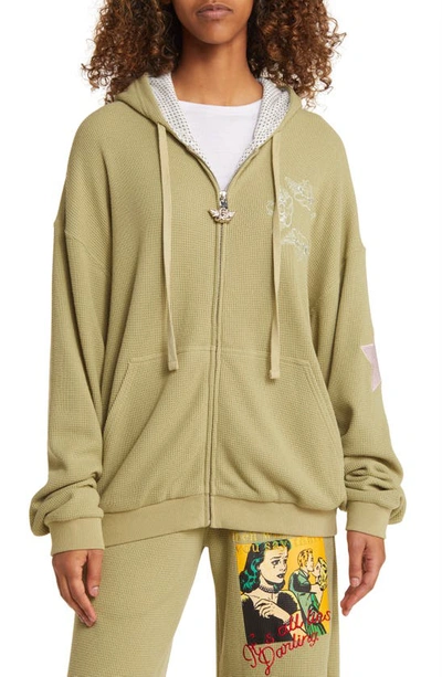 Shop Boys Lie Don't Say It Darling Thermal Zip Graphic Hoodie In Olive