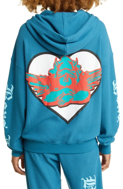 Shop Boys Lie Read Receipts Thermal Knit Graphic Hoodie In Blue