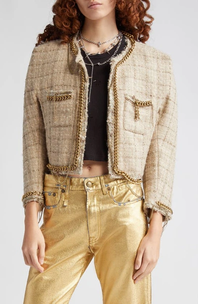 Shop R13 Chain Embellished Crop Wool & Mohair Blend Tweed Jacket In Beige Tweed
