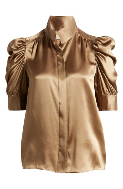Shop Frame Gillian Three-quarter Sleeve Silk Button-up Shirt In Earth