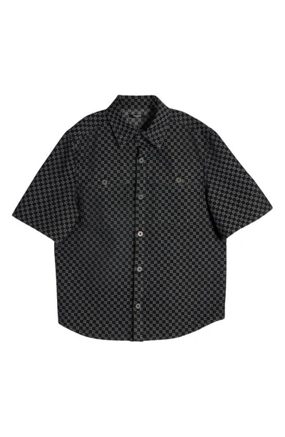 Shop Balmain Mini Monogram Denim Button-up Shirt In Black/ White