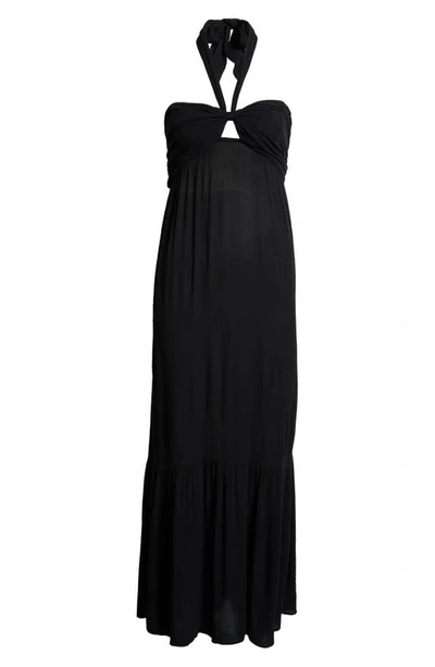 Shop Elan Tiered Halter Maxi Cover-up Dress In Black
