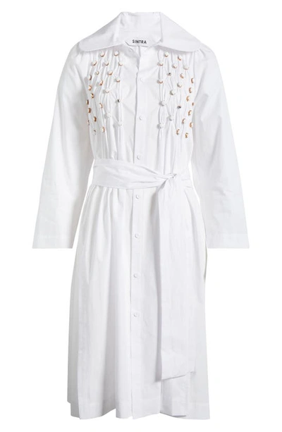 Shop Saint Sintra Empire Drindl Swarovski® Crystal Embellished Cotton Shirtdress In 100 White