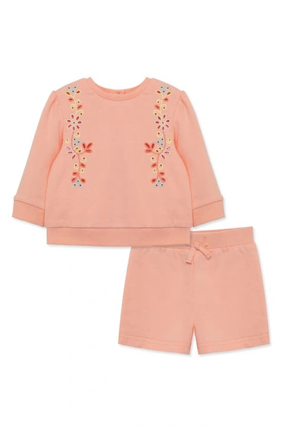 Shop Little Me Eyelet Embroidered Sweatshirt & Shorts Set In Pink