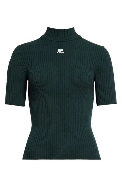 Shop Courrèges Embroidered Logo Mock Neck Rib Sweater In Vert Fonce