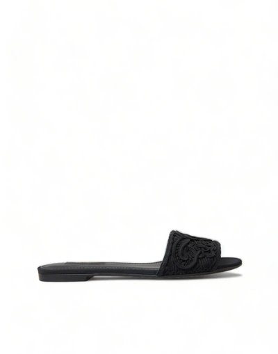 Shop Dolce & Gabbana Black Cotton Heart Embroidery Sandals Shoes