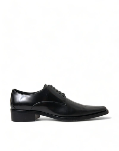 Shop Dolce & Gabbana Black Leather Lace Up Formal Flats Shoes