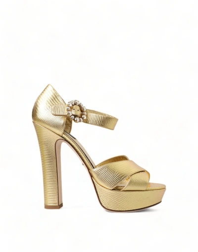 Shop Dolce & Gabbana Gold Crystal Ankle Strap Platform Sandals Shoes