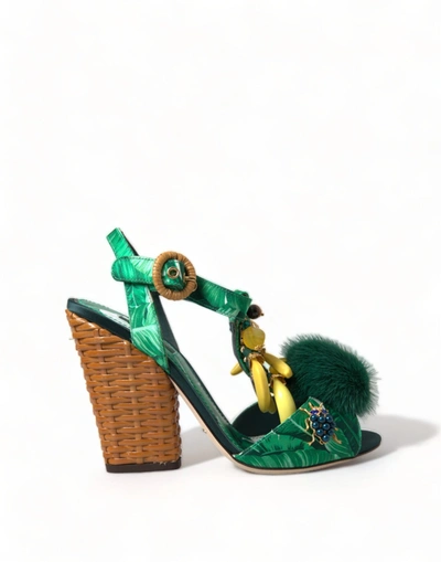 Shop Dolce & Gabbana Green Banana Leaf Embellished T-strap Sandals Shoes