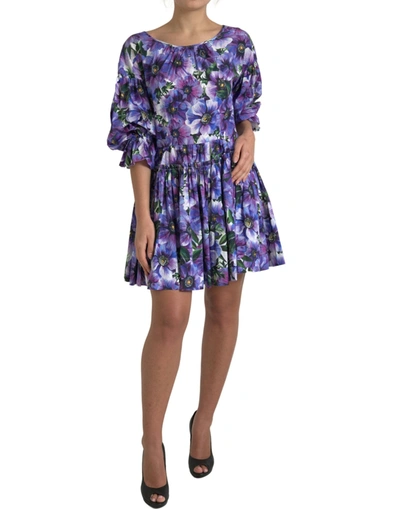 Shop Dolce & Gabbana Purple Anemone Stretch Cotton A-line Dress